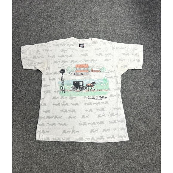 Vintage 90s White AOP Farmland Omish Graphic T-Shirt Single Stitch Size Large - Picture 1 of 10